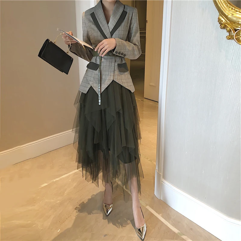 Женский комплект одежды из двух предметов, элегантный клетчатый Блейзер, пальто+ Асимметричная юбка в сеточку, осень, модный OL Тонкий костюм с юбкой