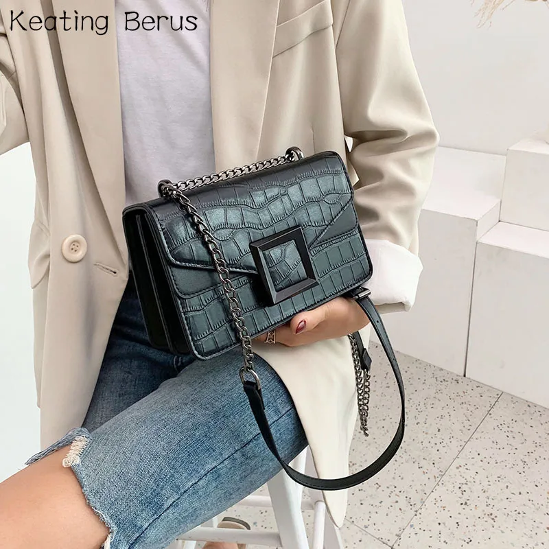

Stone Pattern PU Shoulder Messenger Bag Small Hand Bag Purses Chain Striped Leather Crossbody Bags For Women 2020 Sac Femme