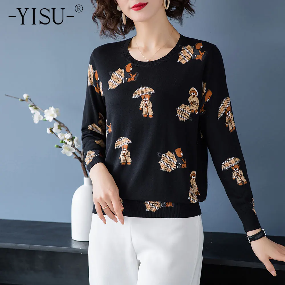 YISU pulóver tejido informal suéter o-Cuello de manga larga suéter de las mujeres de otoño e invierno de dibujos animados oso patrón impreso suéter de las mujeres