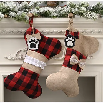 

New Year 2021 Christmas Decorations Burlap Lattice Bone Socks Christmas Decorations for Home Ornaments Christmas Children Gift
