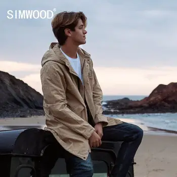 

SIMWOOD 2020 Spring new long jackets men hooded vintage windbreaker letter print thin coats 100% cotton outerwear SJ130178