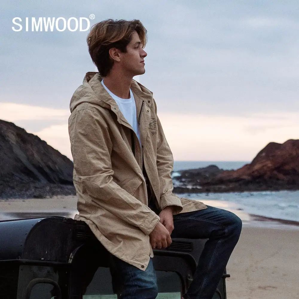 Мужская осень с капюшоном SIMWOOD демисезонная Длинная ветровка из 100% хлопка