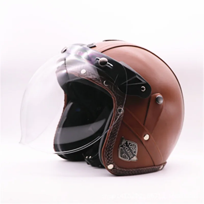 

Handmade Retro Motorcycle Helmet Men And Women Harley Helmet Pedal Cruiser Leather Helmet with Transparent pao jing