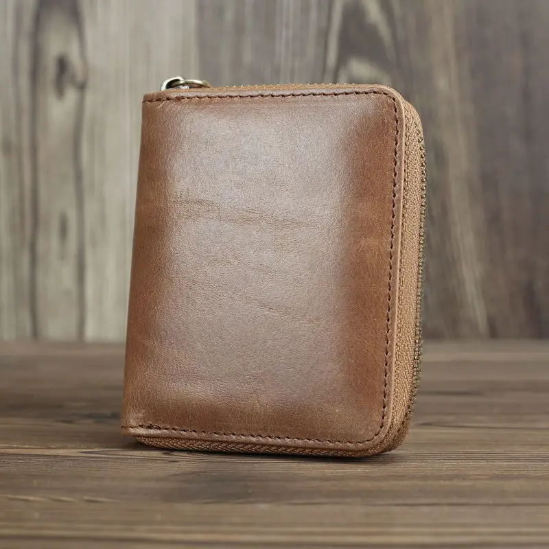 Short Organizer Wallet Man With Zipper Around Genuine Leather Male Coin Purse Crazy Horse Leather Card Holder For Boys Vintage Short Organizer Wallet Man With Zipper Around Genuine Leather Male Coin Purse Crazy Horse Leather Card Holder For Boys Vintage