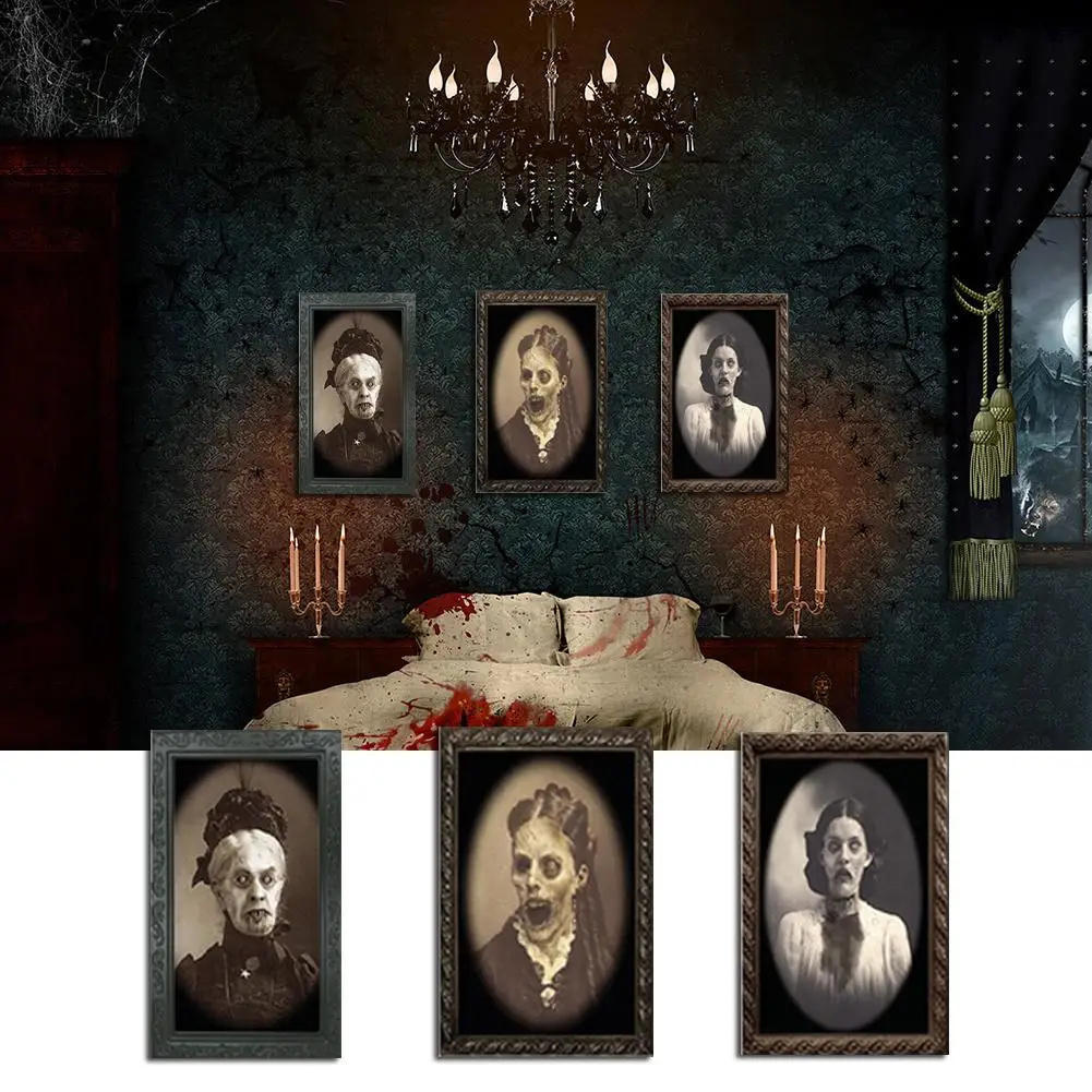 

38*25CM Medium Size 3D Face Changing Photo With Photo Frame Halloween Bar Haunted House Props Wall Decoration Stage Props