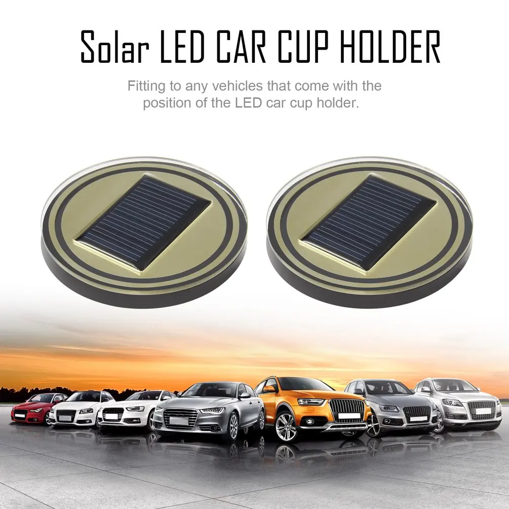 2 Pcs Car Decoration Solar LED Light Atmosphere Cup Holder Cover Bottom Pad