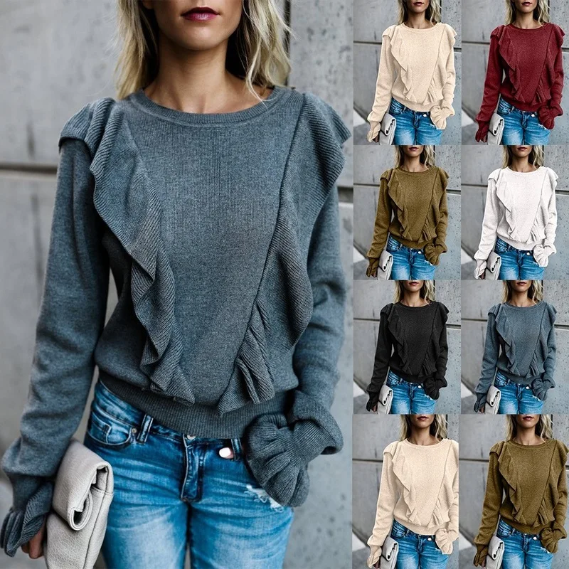 

Women's Sweater Long Sleeve O-Neck Knit Pullover Autumn 2020 Female Flare Sleeve Ladies Casual Tops Casual Solid Black Sweaters