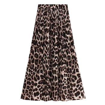 

Fashion Spring and Autumn Skirt Women Retro Leopard Pleated Skirt Women Casual Ladies High Waist Long Skirt