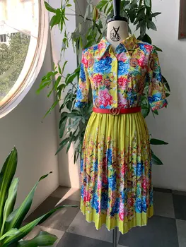 

2020 Yellow Floral Print Pleated Party Dress Elegant Women Sleeve Dress Plus Size Vintage Robe Office Ladies Dinner Dresses