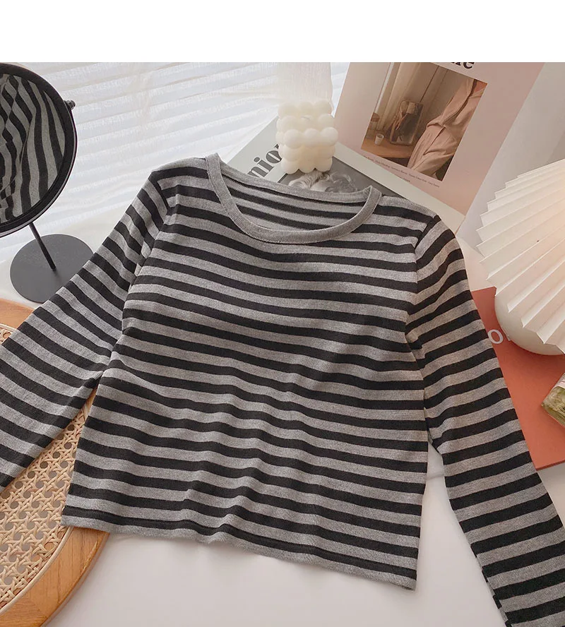 Autumn new style Korean striped hit color long-sleeved short section casual bottoming t-shirt graphic tees