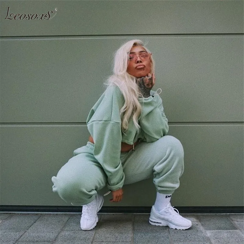 

LEOSOXS 2 Piece Set Women Oversized Sweatshirt Set Autumn Sportwear Solid Tracksuit Sweatpants Set Casual Female Suit