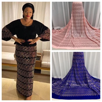 

Latest African Mesh Lace Fabric With Sequins stones French Tulle Lace Fabric Velvet Lace For Nigerian Evening Party