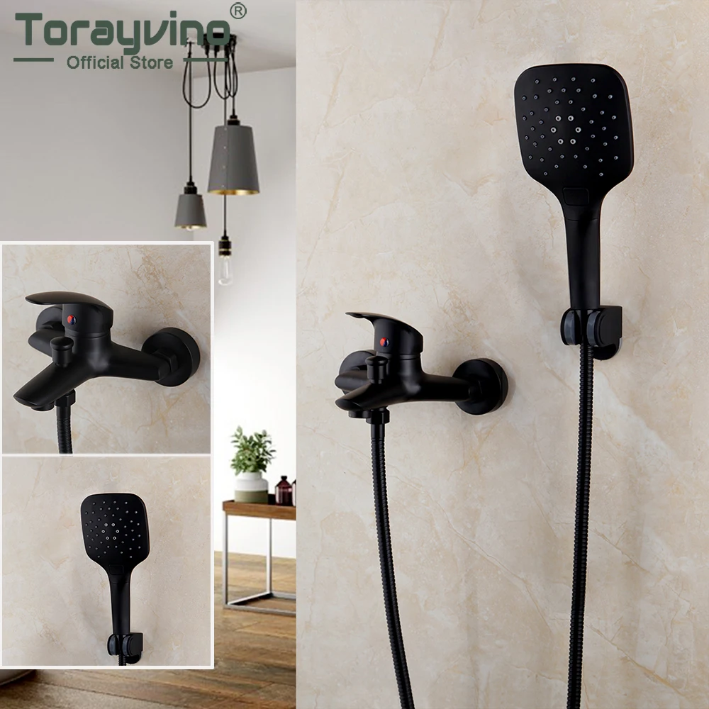 Torayvino Bathroom Bathtub Shower Faucet Set Black Wall Mount Rainfall Shower Head 2 Functions 1 Handle Faucets Mixer Tap bathroom shower faucet set bathroom faucet