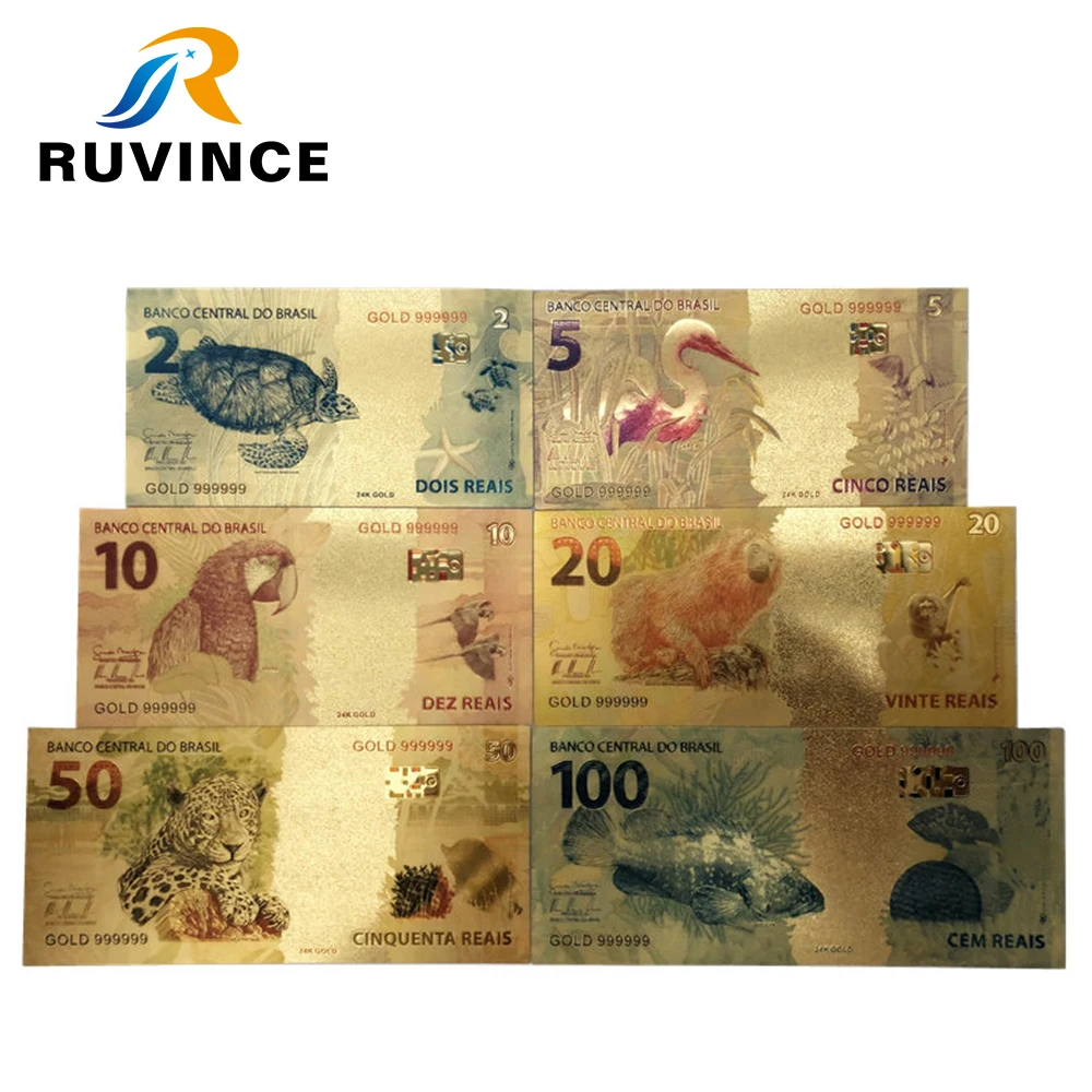 

6pcs/sets Color Brazil Banknotes 2/5/10/20/50/100 Reals Banknote in 24K Gold Fake Paper Money For Collection