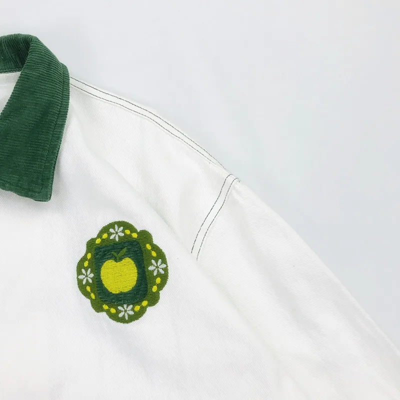 

Japanese-style College Style Green Apple Embroidered Contrast Color Fold-down Collar Large Pocket Open Wire Jacket Students Wome