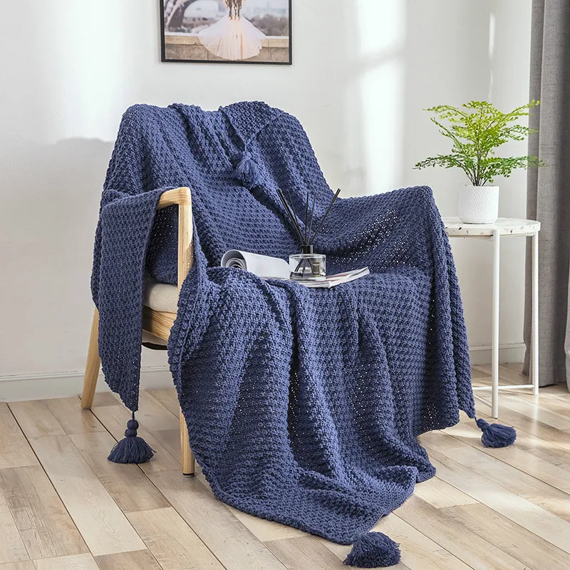 Cilected Cotton Knit Blanket 130X170CM Comfortable Warm Solid Color Four Corner Tassel Air Conditioning Blanket Sofa Nap Blanket - Цвет: BK044-2