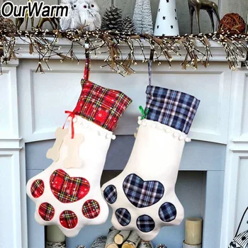 

OurWarm 10Pcs 46x28cm Large Pet Christmas Stockings for Dog Cat Kids Candy Gift Bag Plaid Paw Stocking Christmas Tree Ornaments