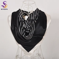 Elegant Navy Blue Silk Scarf with Chinese Rose Design - Large Square Ladies' Fashion Accessory (Black white striped)