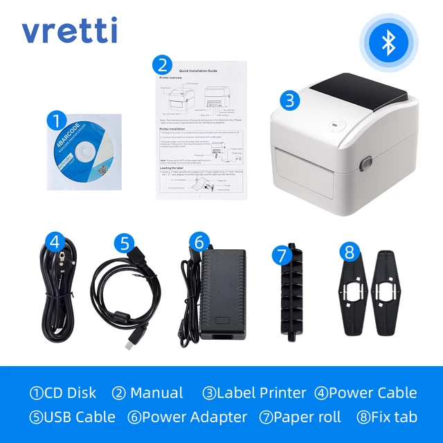 Vretti 420B Wireless Bluetooth Shipping Label Printer 4*6 Thermal Printer Express Black White Barcode Printer Label Holder POS USB and Bluetooth