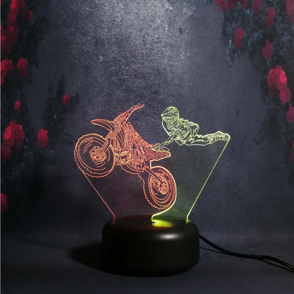 Супер крутой мотоцикл летающий человек креативный 3D USB Иллюзия ночник подростковый мальчик как гоночный художественный Декор Смешанные многоцветные настольные лампы