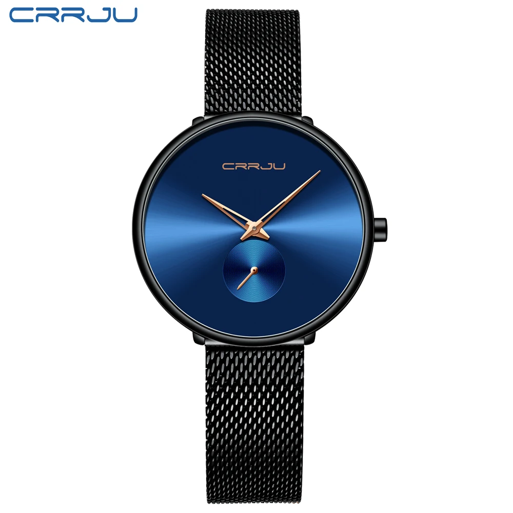 Black blue CRRJU 2165, красивый дизайн, часы для женщин, модные, повседневные, стальная сетка, наручные часы, женские часы, женские кварцевые часы - Цвет: Black blue
