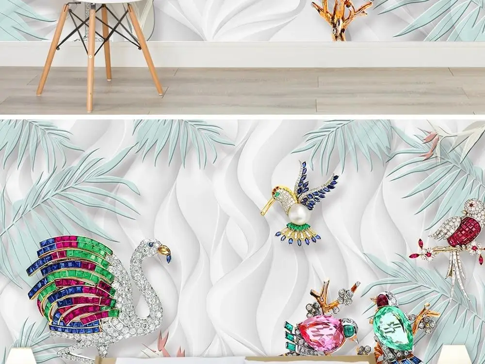 

3DCustom large mural wallpaper Modern fashion creative flower luxury pearl gem flower bird TV back wall decor 5D embossed