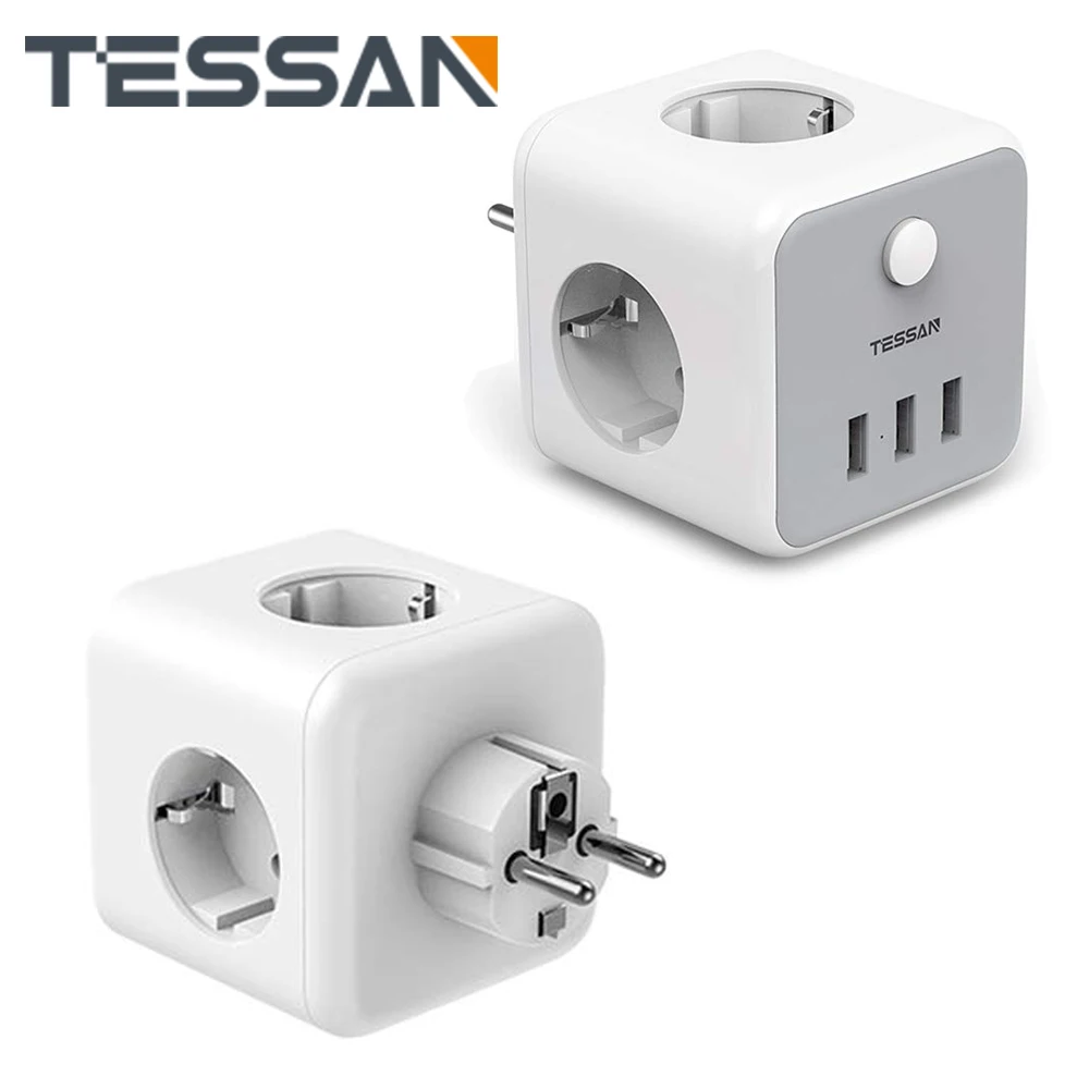 TESSAN Black Cube Socket Power Strip with Switch 3 EU Outlets 3 USB  Charging Ports Europe Wall Socket Extender Adapter for Home