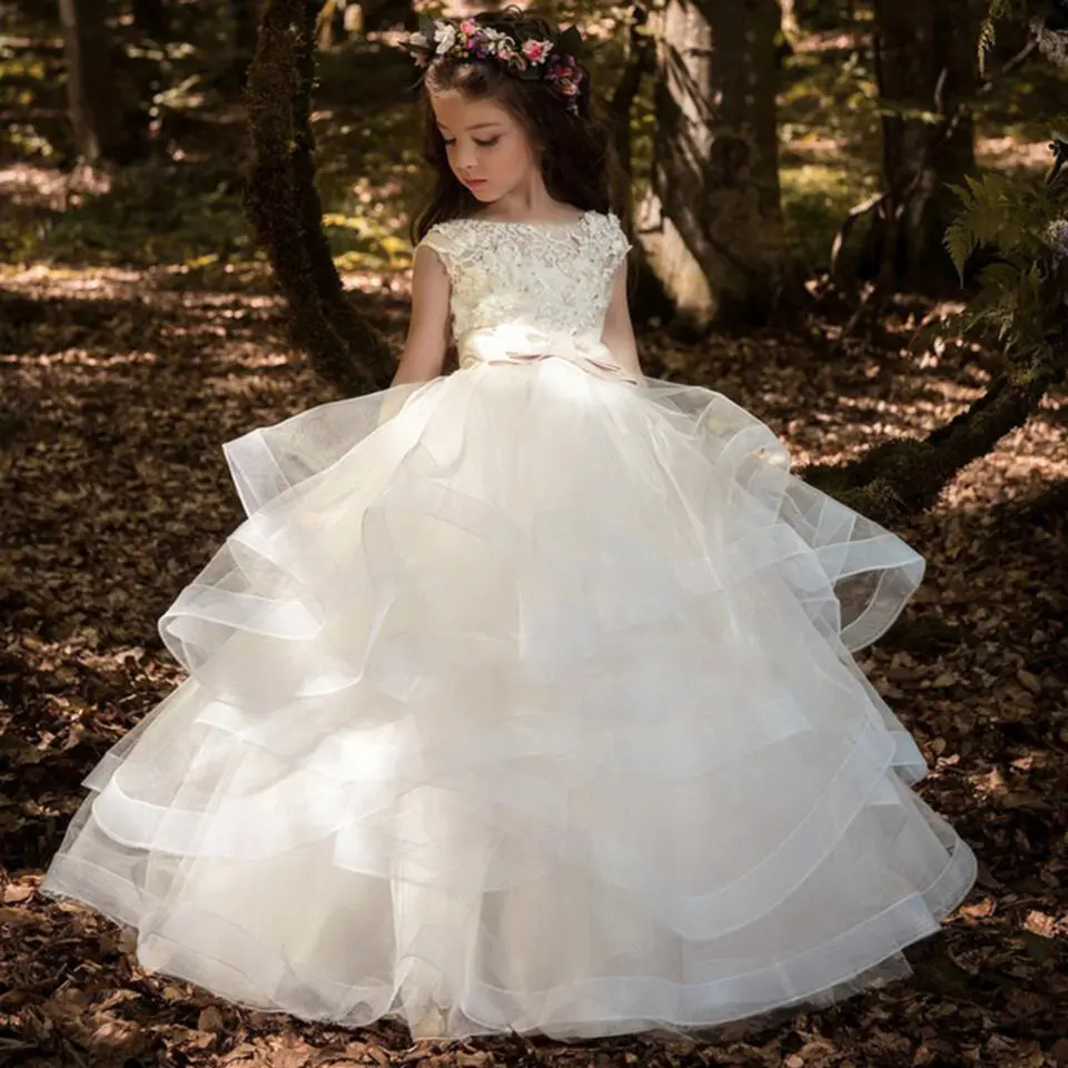 Элегантные платья цвета шампанского с цветочным узором для девочек; кружевное платье без рукавов с аппликацией; Детские пышные платья для свадьбы; платья для причастия