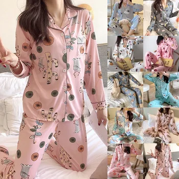 

Women's Pajamas Sets Cute Cartoon Printed Sleepwear Female Two Pieces Shirts + Pants Pajamas Nighties Homewear Pajama Nightwear