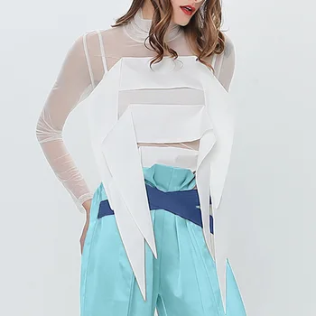 

AEL Patchwork Personality Perspective Women Mesh T Shirt Long Sleeve Turtle Neck Female Bottoming Shirt Sexy Top Spring 2020 New