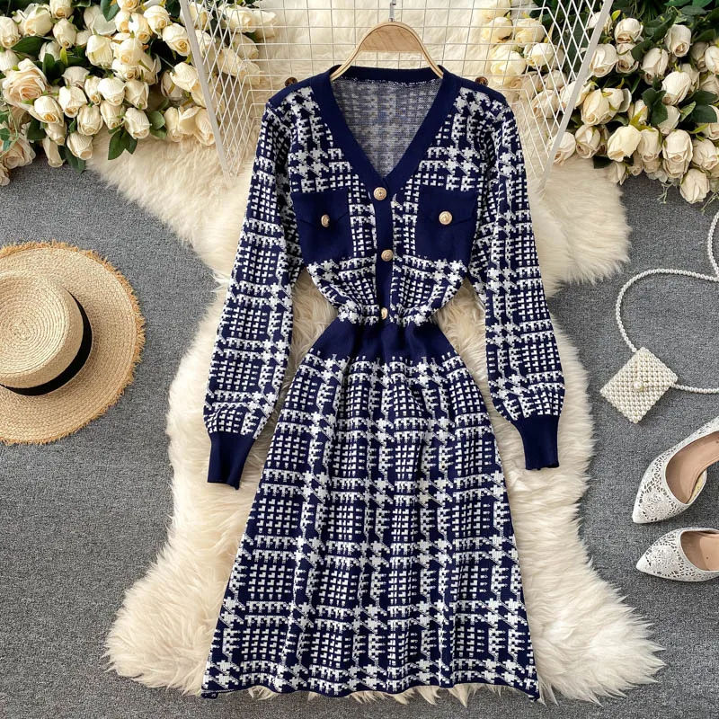 New Fashion Autumn Winter Dress Women Elegant Vintage Patchwork Plaid Dresses Ladies A-Line Knitted Dress