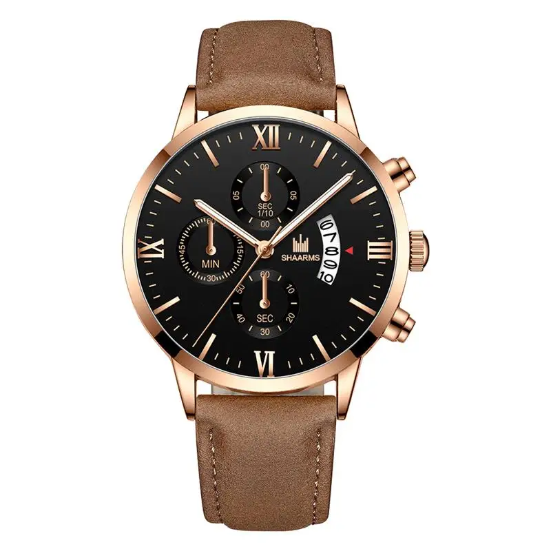 

Black Brown Watch Men'S Roman Numerals Wristwatch Leather Band Stainless Steel Analog Date Quartz Watches Fashion Man Clock