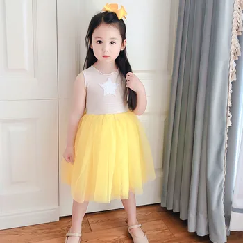 

Kids Girl's Stripe Knitted Vest Star Embroidered Net Yarn Princess Dress