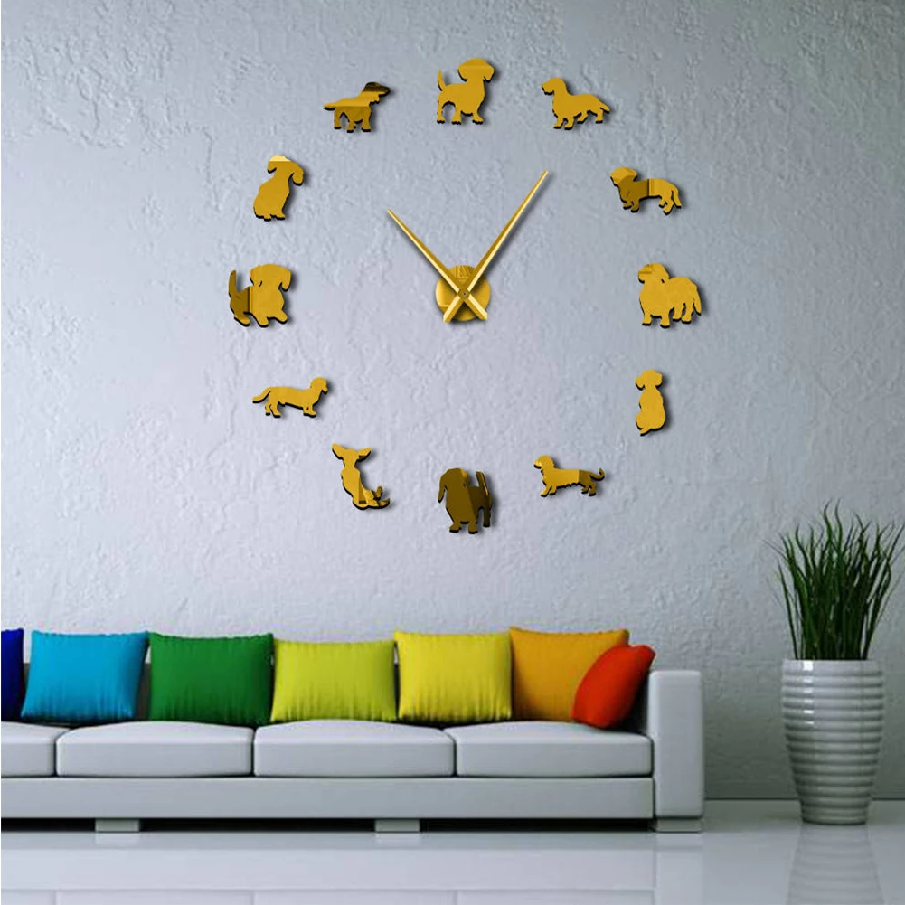 Щенячий собака настенные часы, подарки 3D домашний современный DIY декоративная батарея-управляемые аксессуары Висячие гостиничные спальни искусство бескаркасные гигантские - Цвет: Золотой