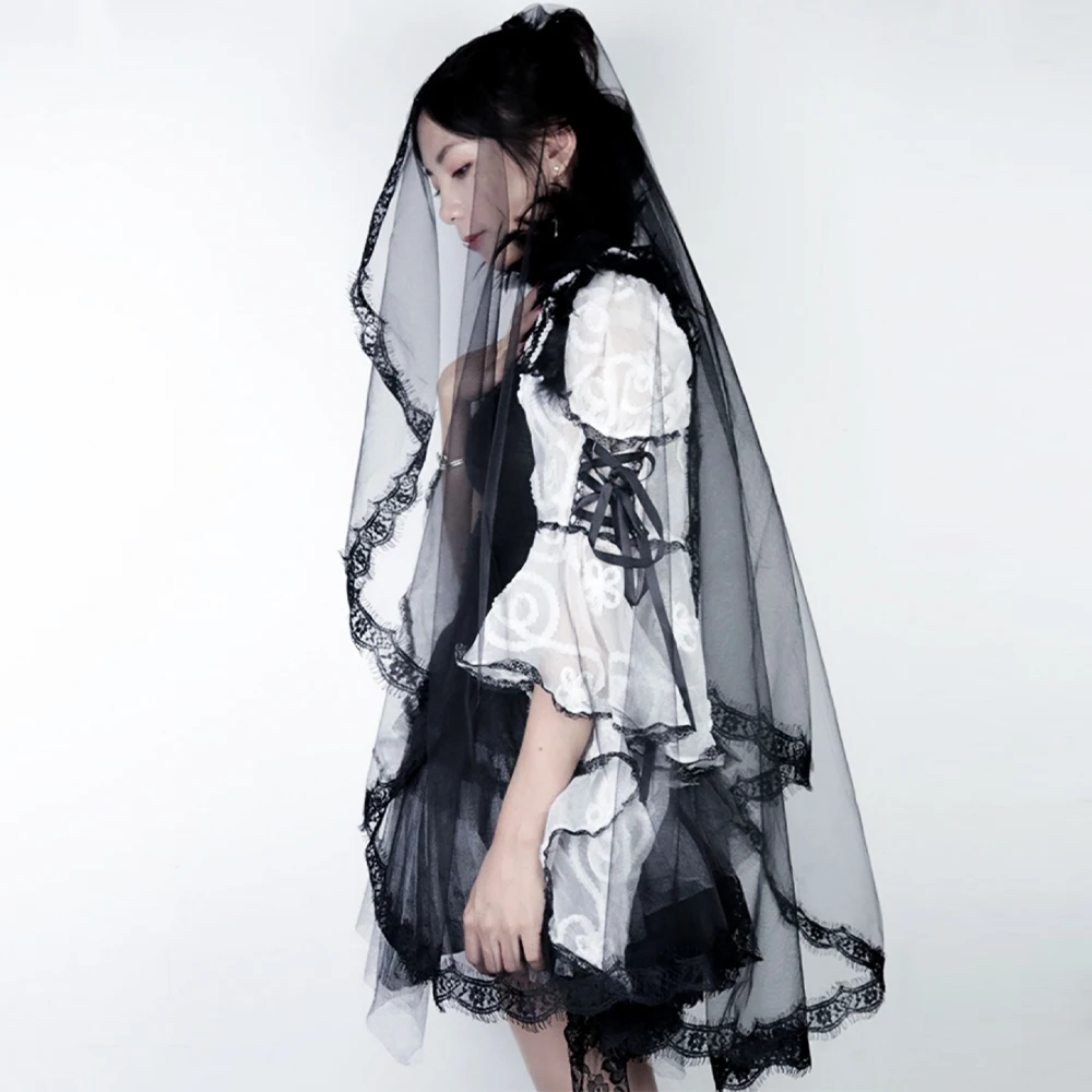 Mantilla Negra Velo De Novia Gótico Negro - 2 Capas Con Peine