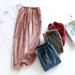 Fdfklak Autumn Winter Thicken Flannel Pant Female Coral Velvet Pocket Pajama Pants Loose Fleece Women Home Pijama Trousers