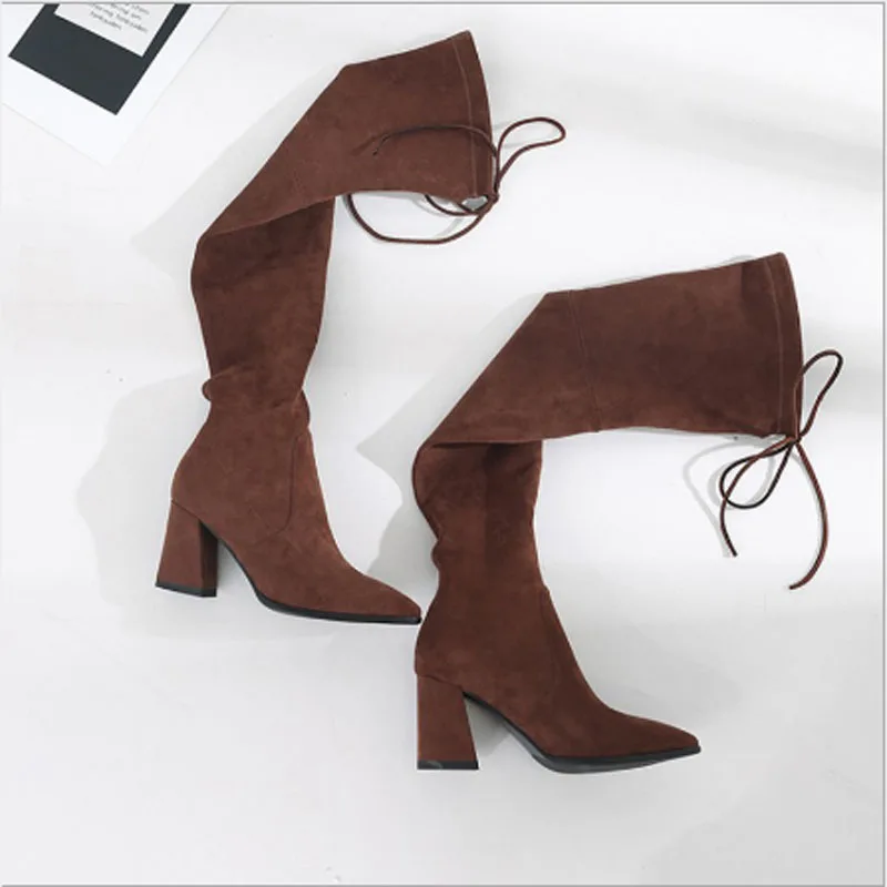 Light brown 7.5CM Женские осенне-зимние сапоги из флиса на не сужающемся книзу массивном каблуке на плоской подошве; обтягивающие сапоги для верховой езды на высоком каблуке; Сапоги выше колена - Цвет: Light brown 7.5CM
