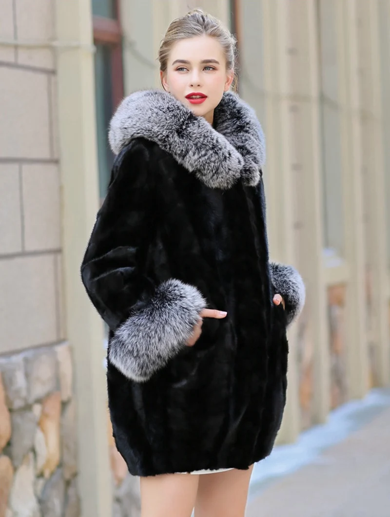 Натуральная норковая шуба куртка лисий мех воротник и манжеты осень зима женское меховое пальто плюс размер 4XL 5XL LF9111