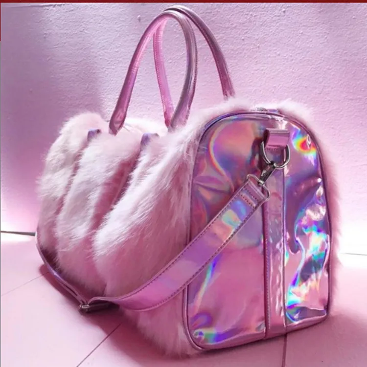 Зимние новые милые мягкие радужные сумочки для девочек, женские сумки-тоут из искусственного меха, большая емкость, лазерные розовые сумки на плечо, дорожные бостонские сумки