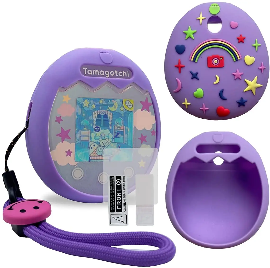 Силиконовый чехол протектор экрана и ремешок для Tamagotchi Pix фиолетовый розовый