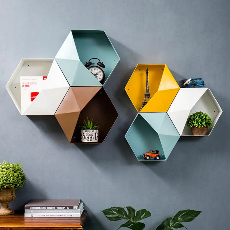 Цветные металлические шестигранные подвесные полки, современные персонализированные геометрические узоры, настенные Декорации для гостиной, держатели для хранения, ремесла