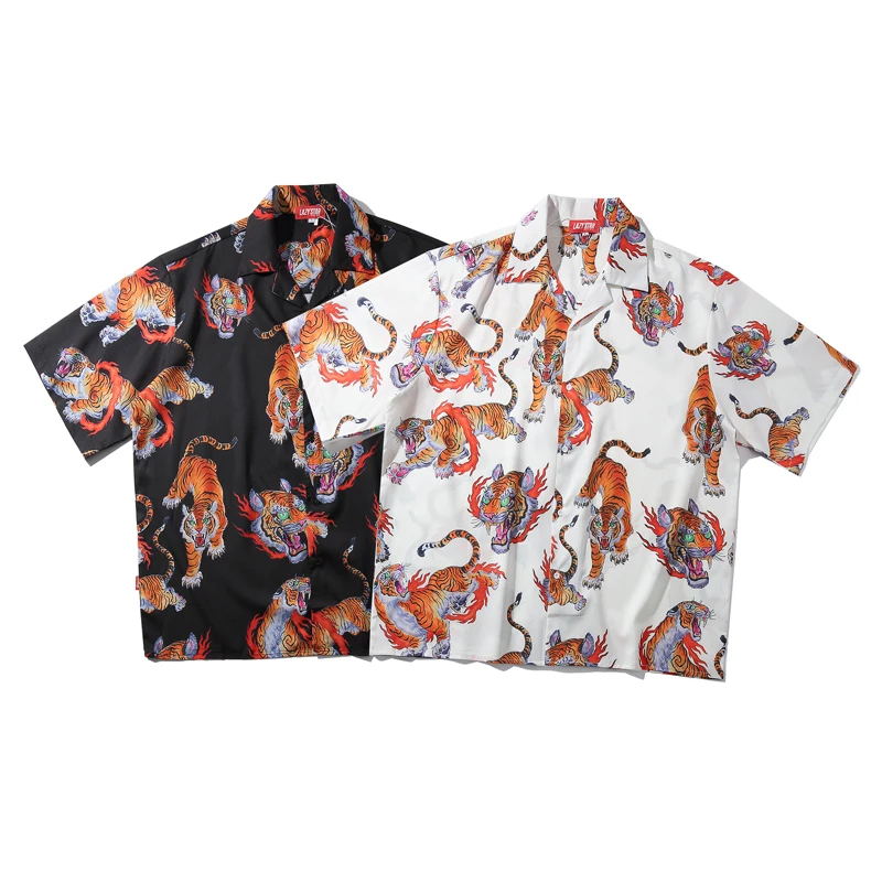 Мужская рубашка из Гавайского Харадзюку с длинным рисунком оверсайз отложной