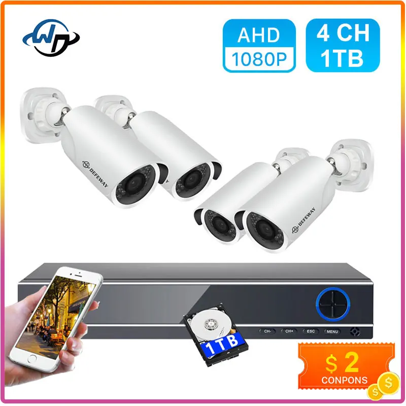 DEFEWAY комплект видеонаблюдения 1080P HD DVR CCTV Системы для домашней безопасности 4 шт. AHD