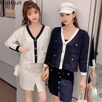 

Vintage Knitted 2 Piece Skirt Suits Sets Women V-neck Cardigans + Single Breasted Pencil Skirt Suits Fashion Korean Elegant Sets