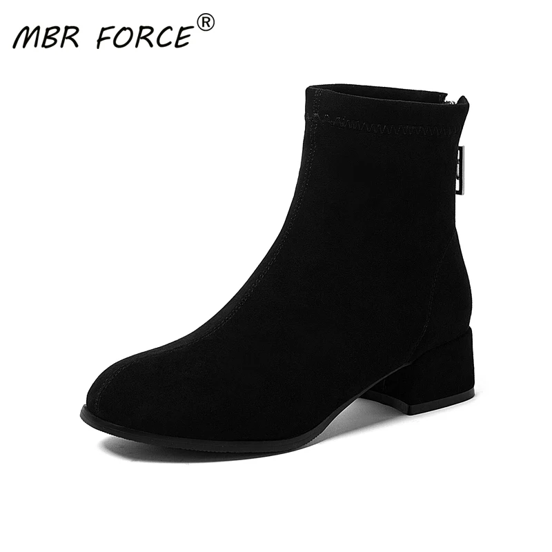 

MBR FORCE 2020 new ladies fashion high quality square head suede thick heel black black brown plush high heel ankle boots sexy