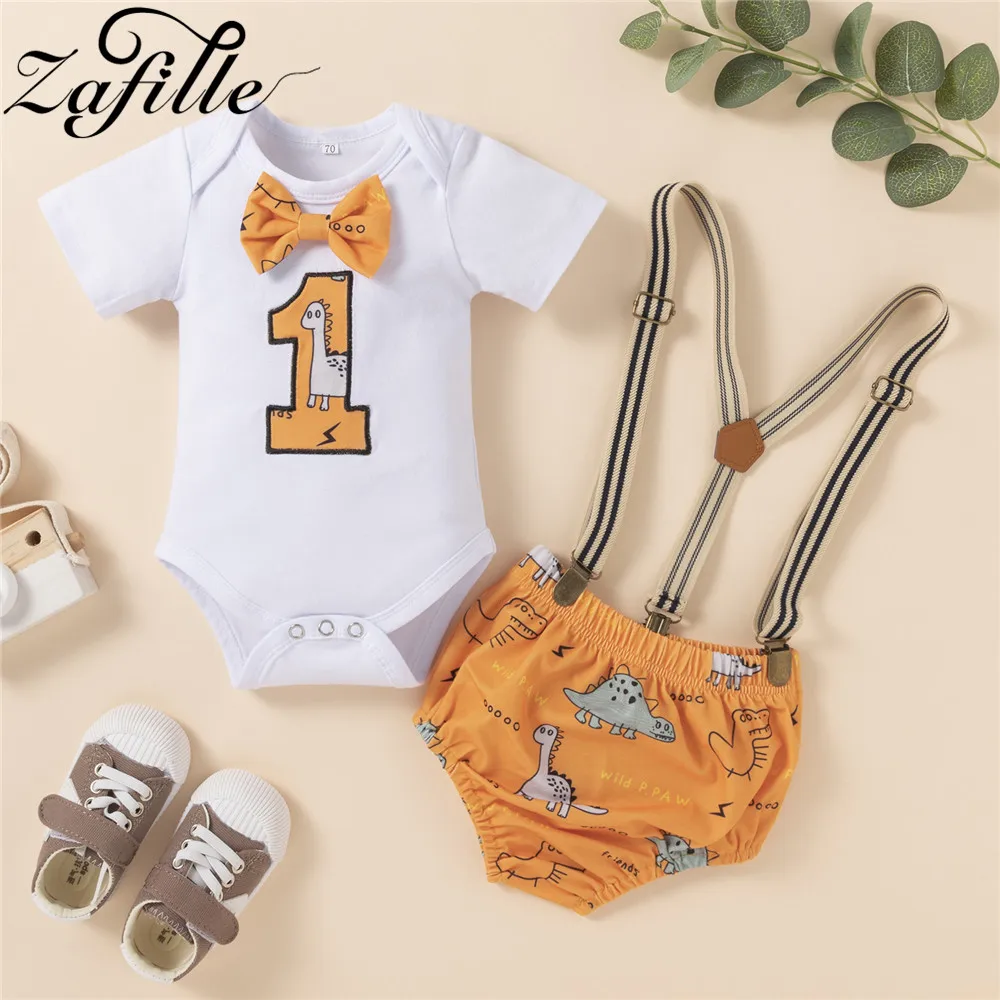 

ZAFILLE Cartoon Dinosaur Baby Clothes Boys Summer "Number 1" Bodysuit+Overalls Pants 2pcs Infant Outfits Newborn Boy Clothes Set