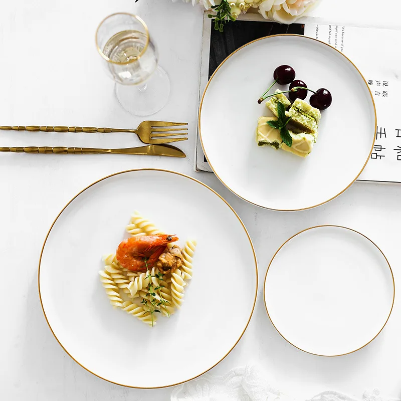 Brief Noridc Round Ceramic Plate Solid Gold Edge Porcelain Glaze Dinner Plate Western Steak Cake Dessert Tray Snack Dishes