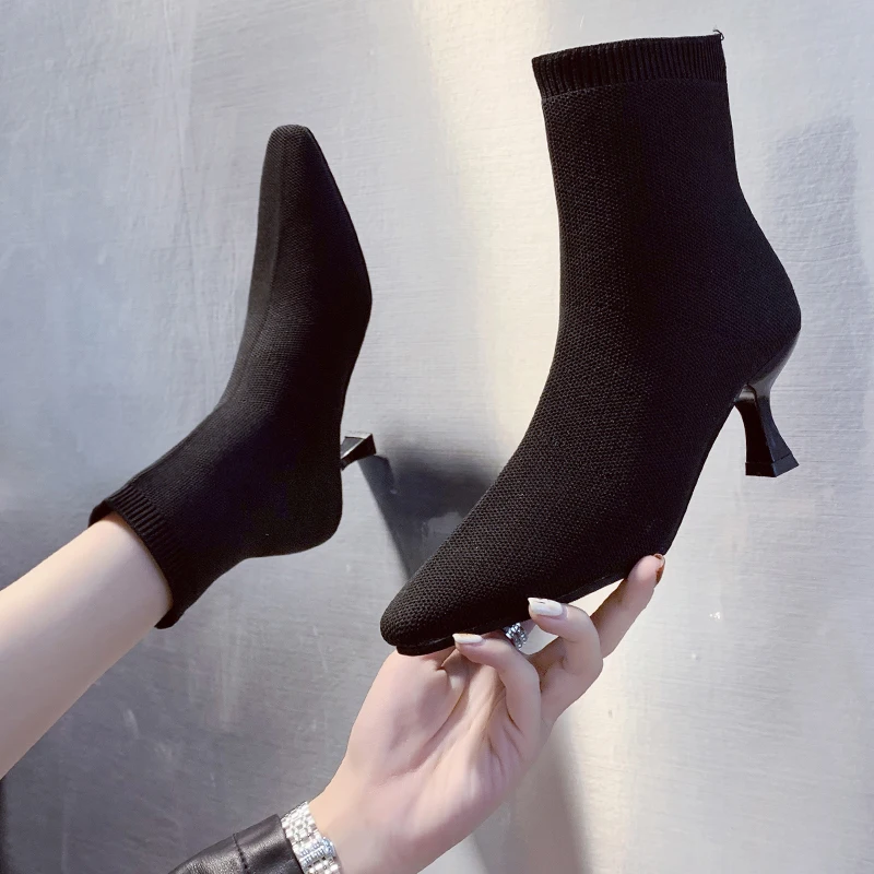 

Season Short Boots High With Socks Boots Woman With Wool Sharp Elastic Knitting Socks Short Thin