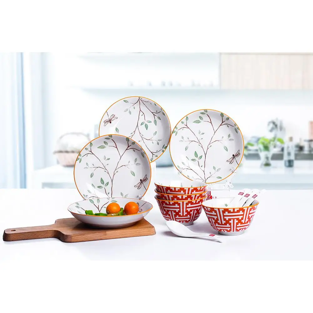 

MeterMall 12Pcs/Set Water Magnolia Pattern Ceramic Tableware Set