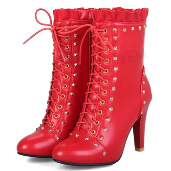 

LAIGZEM FASHION Women Booties Ruffles High Heel Studded Side Zip Short Ankle Boots Shoes Woman Botines Mujer Large Size 46 47 48